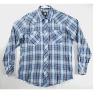 Karman Shirt Mens XL Blue White Western Pearl Snap Long Sleeve Plaid Pockets